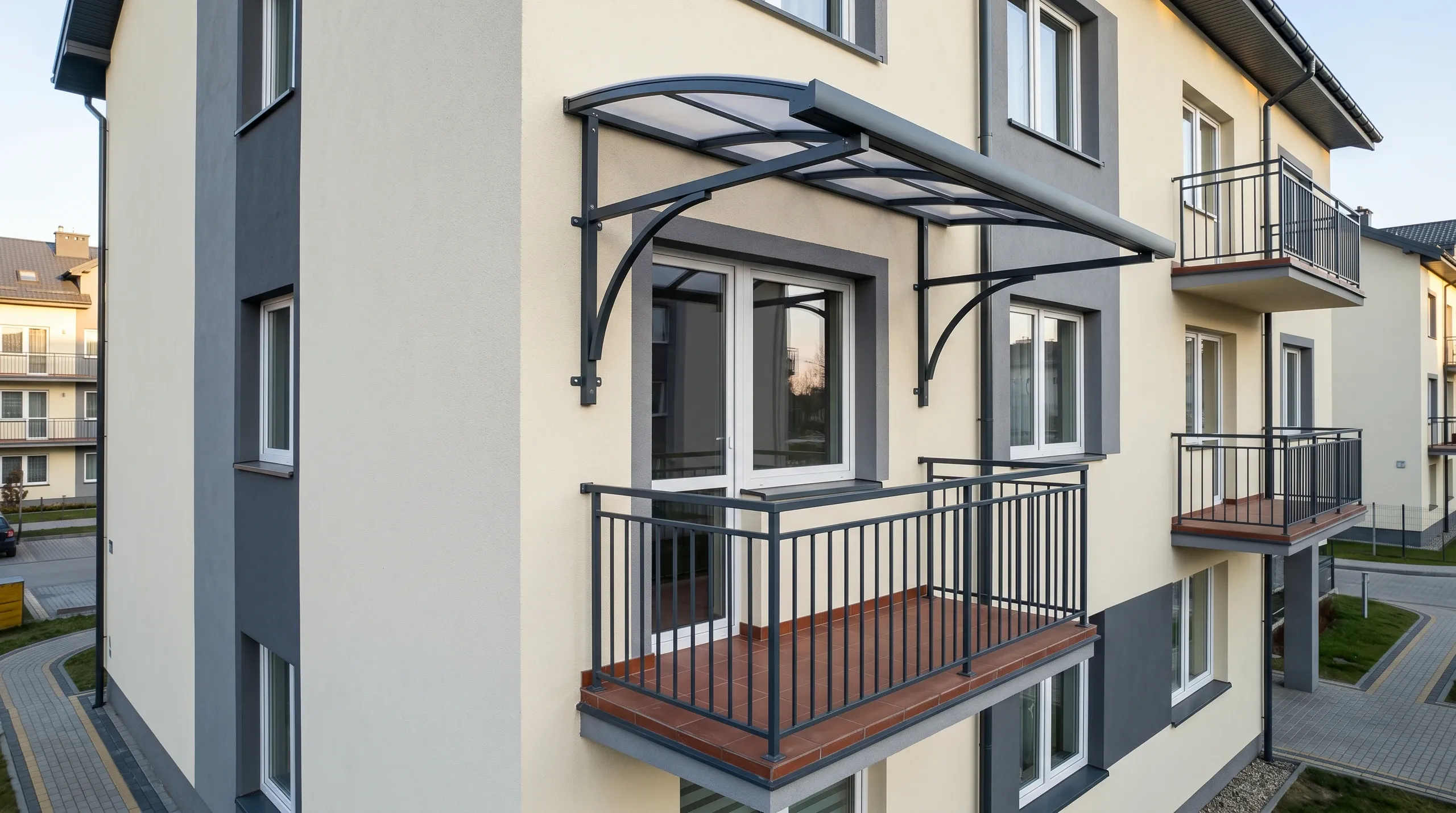 Zadaszenie balkonu z poliwęglanową osłoną i aluminiową balustradą na nowoczesnej elewacji