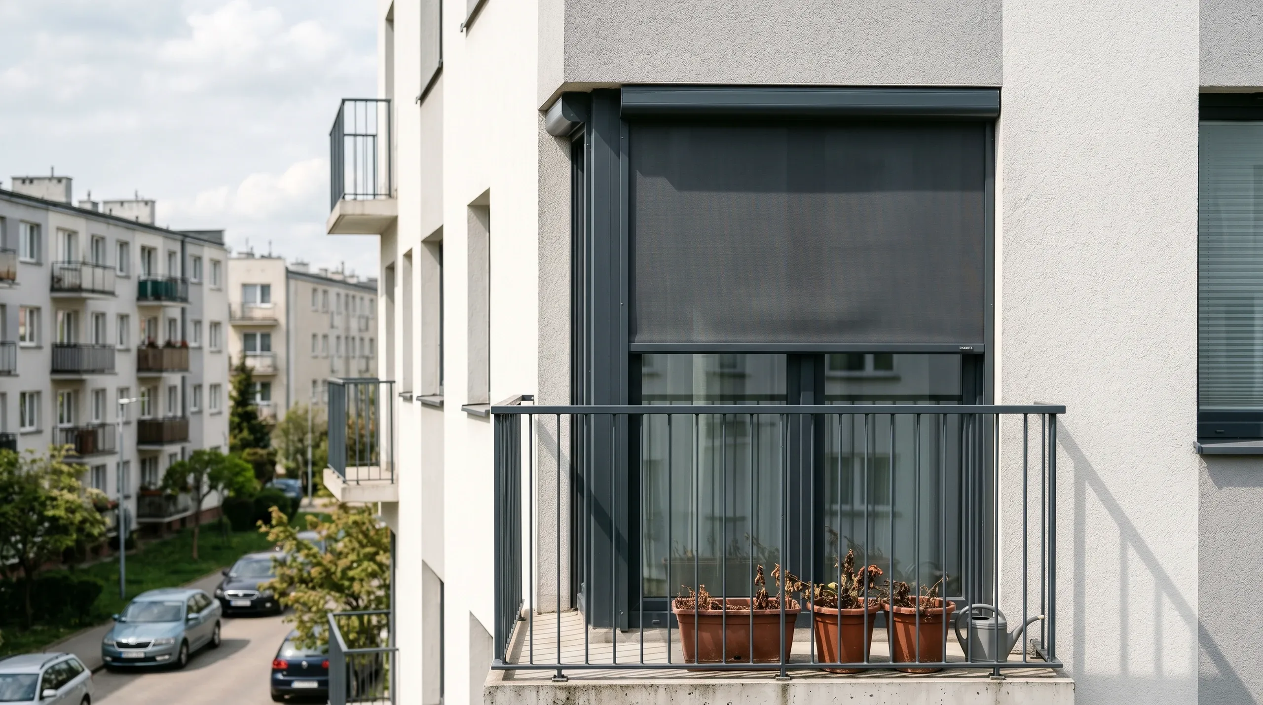Nowoczesne okno aluminiowe z zewnętrzną roletą i balustradą balkonu z donicami