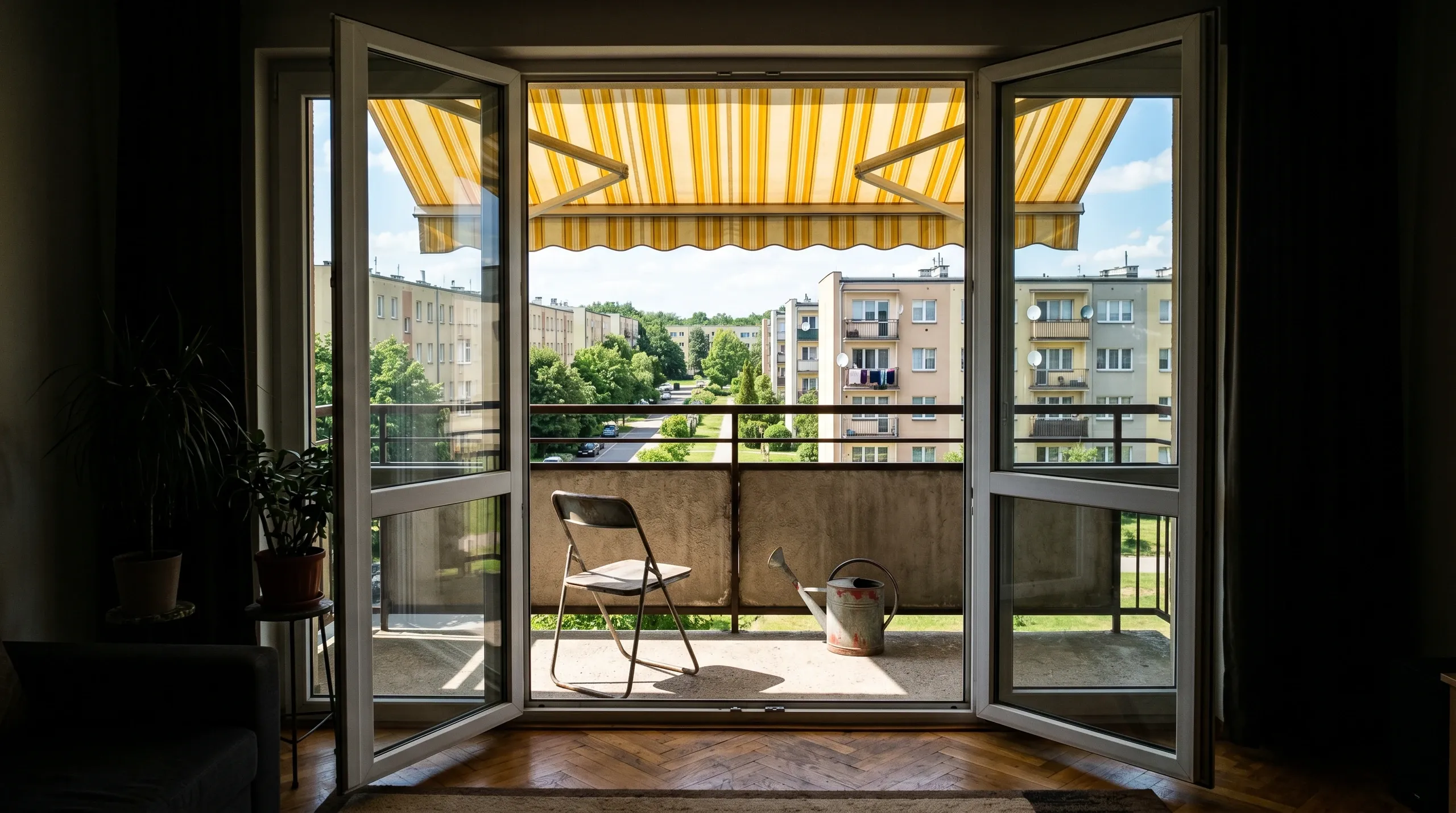 Otwarte okno tarasowe aluminiowe z żółto-białą markizą i składaną krzesłem na balkonie
