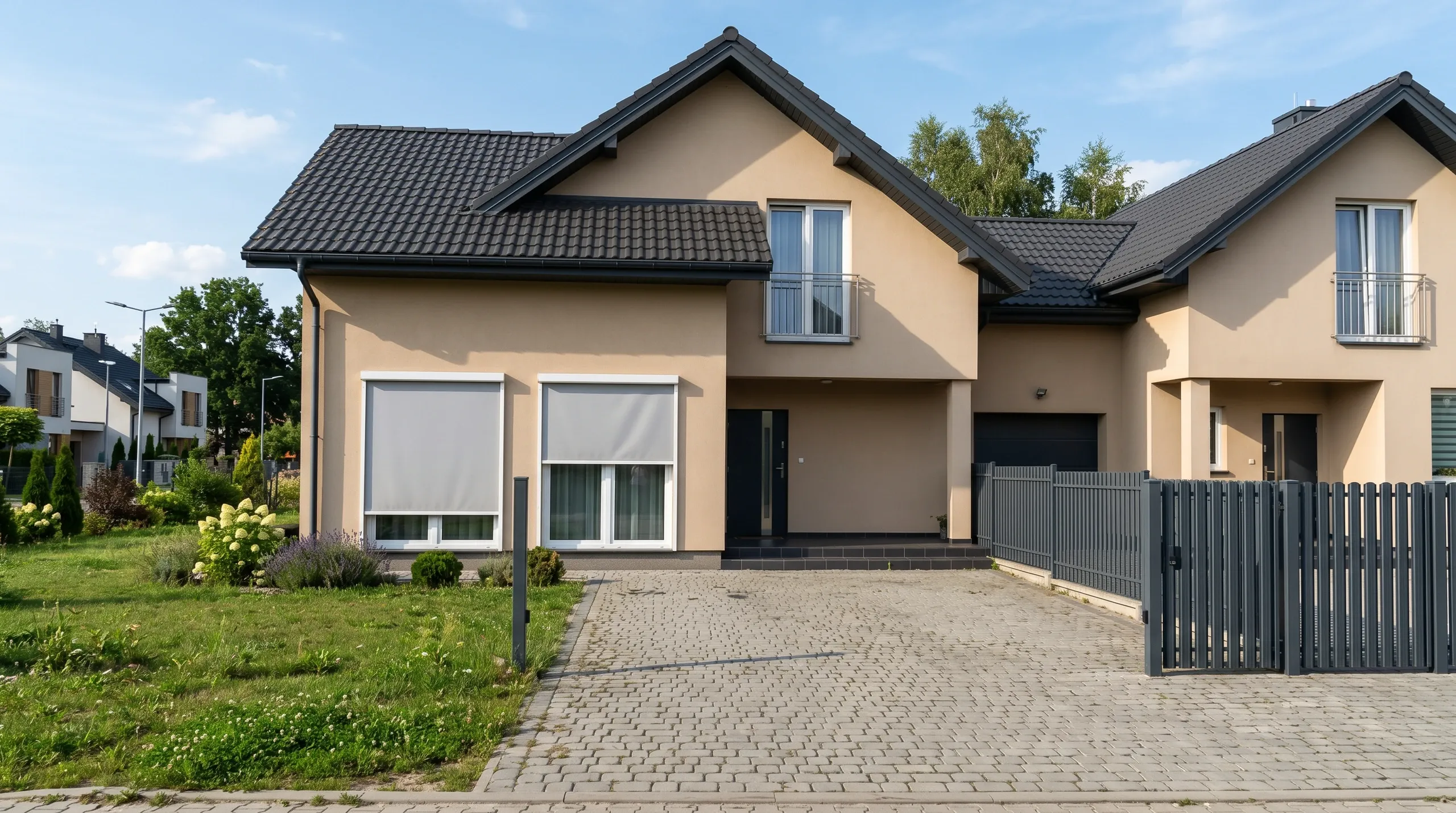 Elewacja domu z segmentową bramą garażową i zewnętrznymi roletami na oknach