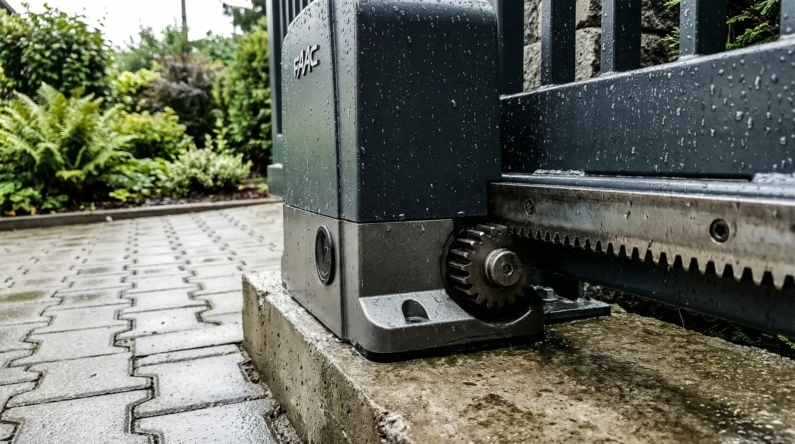 Automatyka do bram: napęd suwanej bramy z zębatką na betonowej podstawie
