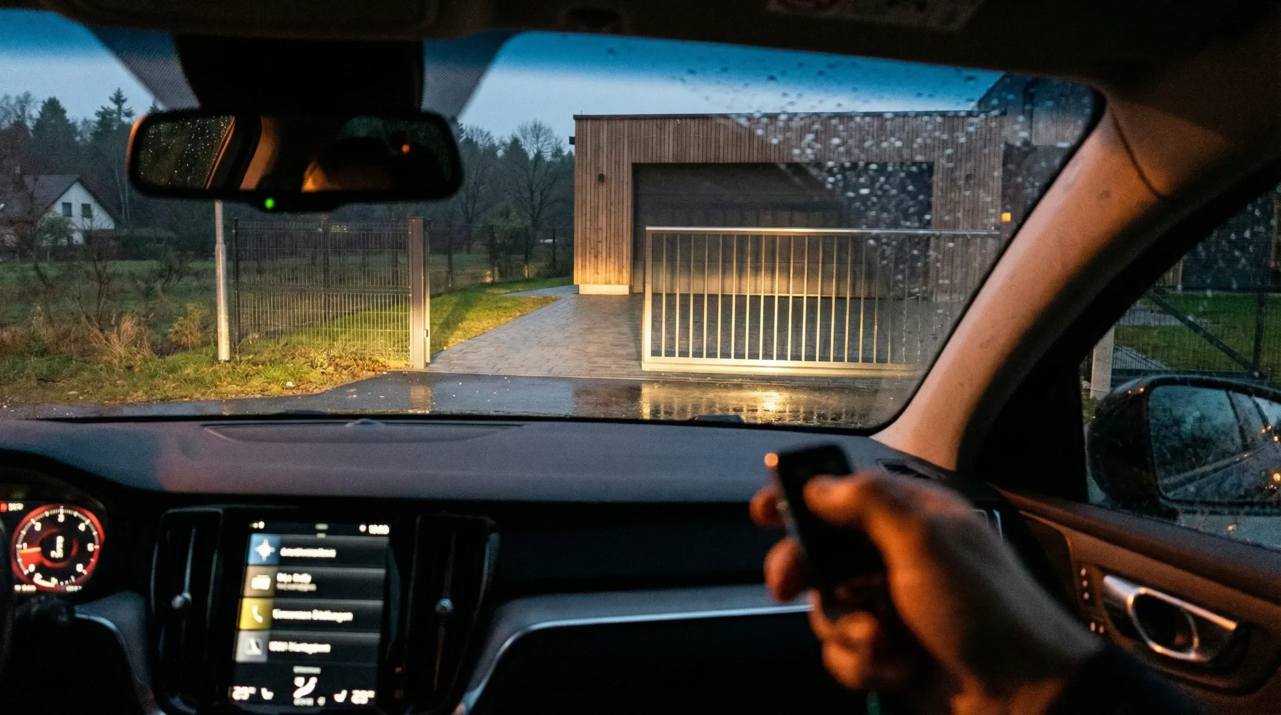 Automatyka do bram, wnętrze auta, kierowca trzyma pilot, widok na otwierającą się bramę wjazdową